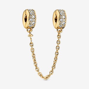 Gold Plated Pandora Clear Pavé Safety Clip Safety Chains | 140-PAZOQB