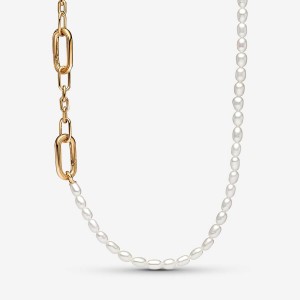 Gold Plated Pandora ME Slim Treated Freshwater Cultured Pearl Chain Necklaces | 984-XNMUDK