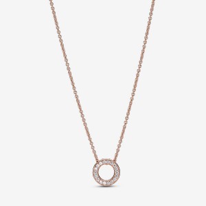 Rose Gold Plated Pandora Logo Pavé Circle Collier Pendant Necklaces | 532-JLZWFH