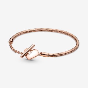 Rose Gold Plated Pandora Moments Heart T-Bar Snake Charm Bracelets | 294-TAGLDQ