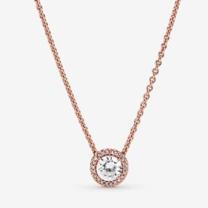 Rose Gold Plated Pandora Round Sparkle Halo Chain Necklaces | 174-PESDFR