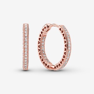 Rose Gold Plated Pandora Sparkle and Hearts Hoop Earrings | 947-IXFQNW