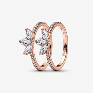 Rose Gold Plated Pandora Sparkling Marquise Double Wishbone Ring Sets | 165-VOZCKM