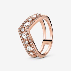 Rose Gold Plated Pandora Sparkling Marquise Double Wishbone Statement Rings | 178-LBRFQU