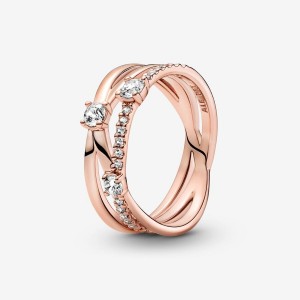 Rose Gold Plated Pandora Sparkling Triple Statement Rings | 015-XEQOHW