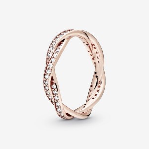 Rose Gold Plated Pandora Sparkling Twisted Lines Band Rings | 793-ATWYND