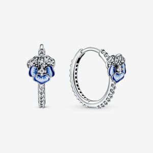 Sterling Silver Pandora Blue Pansy Flower Hoop Earrings | 702-SXWTHQ