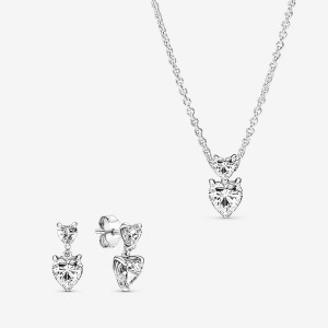 Sterling Silver Pandora Double Heart Pendant Sparkling Collier Necklace Pendant Necklaces | 615-TONKEP