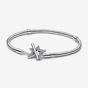 Sterling Silver Pandora Moments Asymmetric Star T-bar Snake Charm Holders | 632-GZEBTW