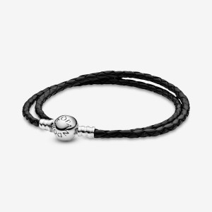 Sterling Silver Pandora Moments Double Black Leather Charm Bracelets | 612-VNLFEP