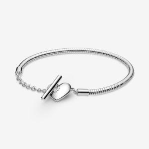 Sterling Silver Pandora Moments Heart T-Bar Snake Charm Bracelets | 716-AVZXPW