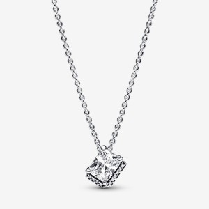 Sterling Silver Pandora Rectangular Sparkling Halo Collier Pendant Necklaces | 152-XJBHZN