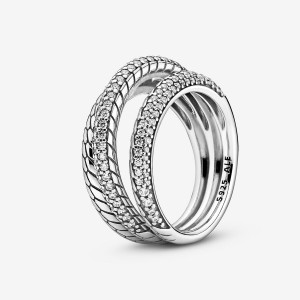 Sterling Silver Pandora Triple Band Pavé Snake Chain Pattern Statement Rings | 356-LHDPFZ