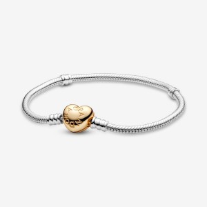 Two-tone Pandora Moments Heart Clasp Snake Charm Bracelets | 072-BYTCVL