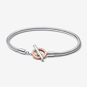 Two-tone Pandora Signature Two-tone Logo T-Bar Snake Charm Bracelets | 732-HNSCDL