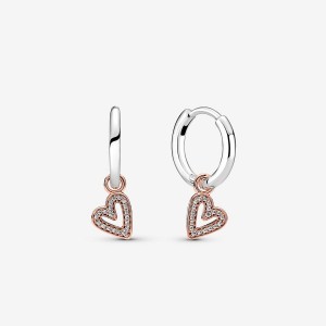 Two-tone Pandora Sparkling Freehand Heart Hoop Earrings | 372-FAKTNU