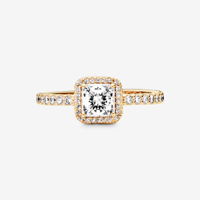 Gold Pandora Square Sparkle Halo Halo & Solitaire Rings | 038-HTQDEC