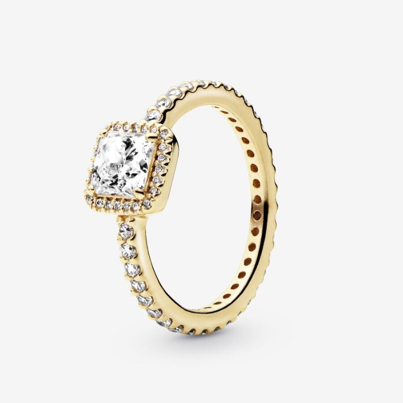 Gold Pandora Square Sparkle Halo Halo & Solitaire Rings | 038-HTQDEC