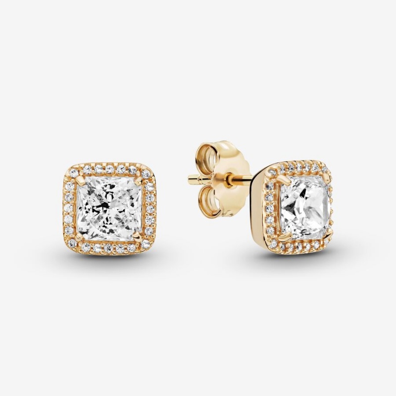 Gold Pandora Square Sparkle Halos Stud Earrings | 602-ZRGDUI