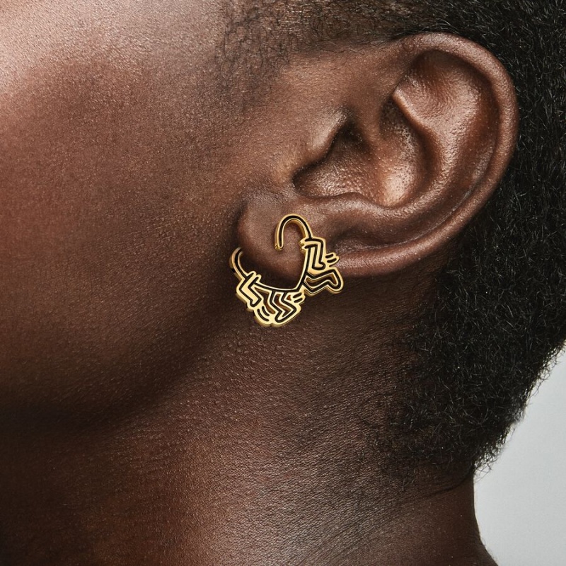 Gold Plated Pandora Keith Haring x Walking Heart Stud Earrings | 192-ZEUMRS