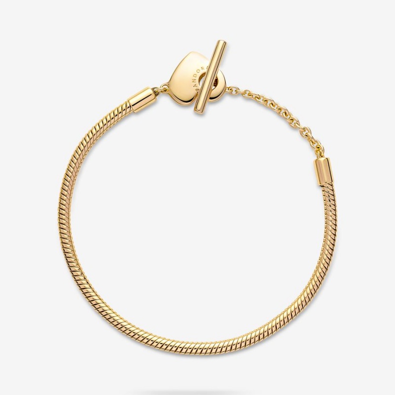 Gold Plated Pandora Moments Heart T-Bar Snake Charm Bracelets | 710-ZHEGBK