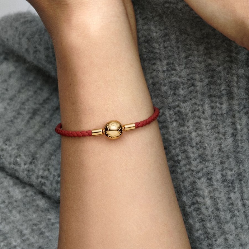 Gold Plated Pandora Moments Red Woven Leather Charm Bracelets | 520-RXIPKT