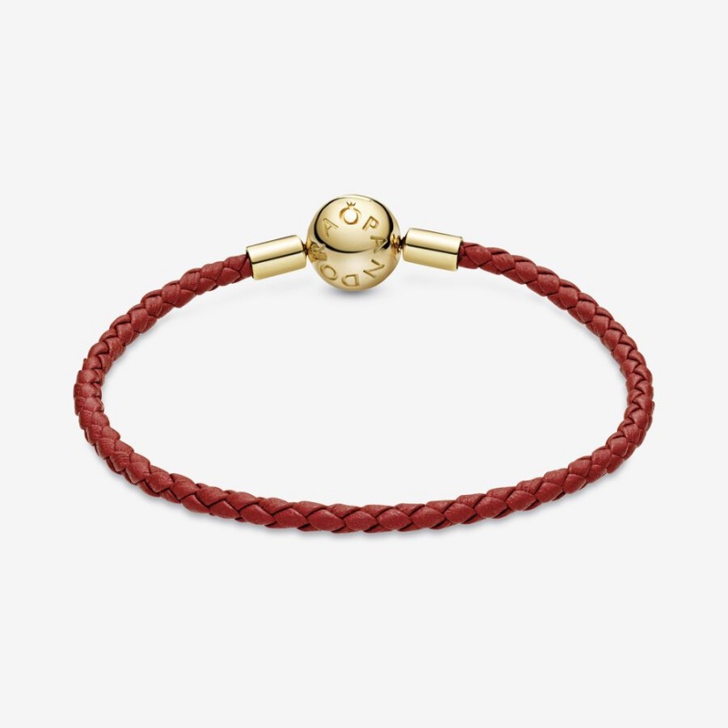 Gold Plated Pandora Moments Red Woven Leather Charm Bracelets | 520-RXIPKT