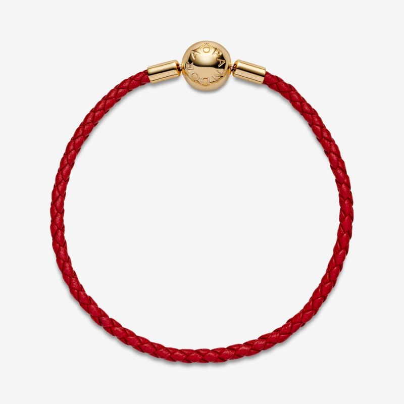 Gold Plated Pandora Moments Red Woven Leather Charm Bracelets | 520-RXIPKT