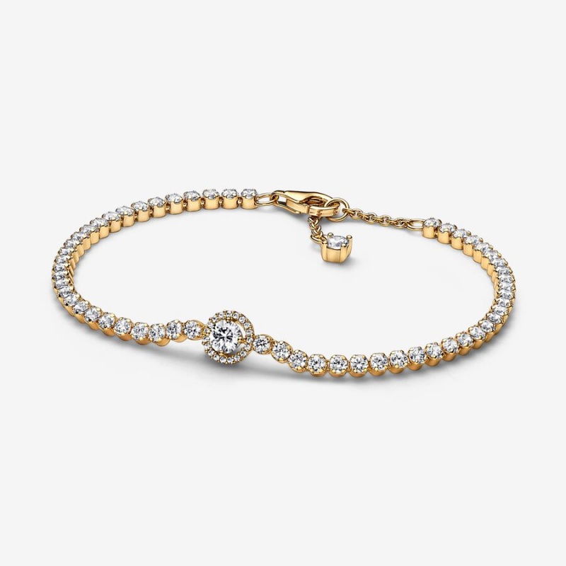 Gold Plated Pandora Sparkling Halo Tennis Non-charm Bracelets | 628-UFMHZD