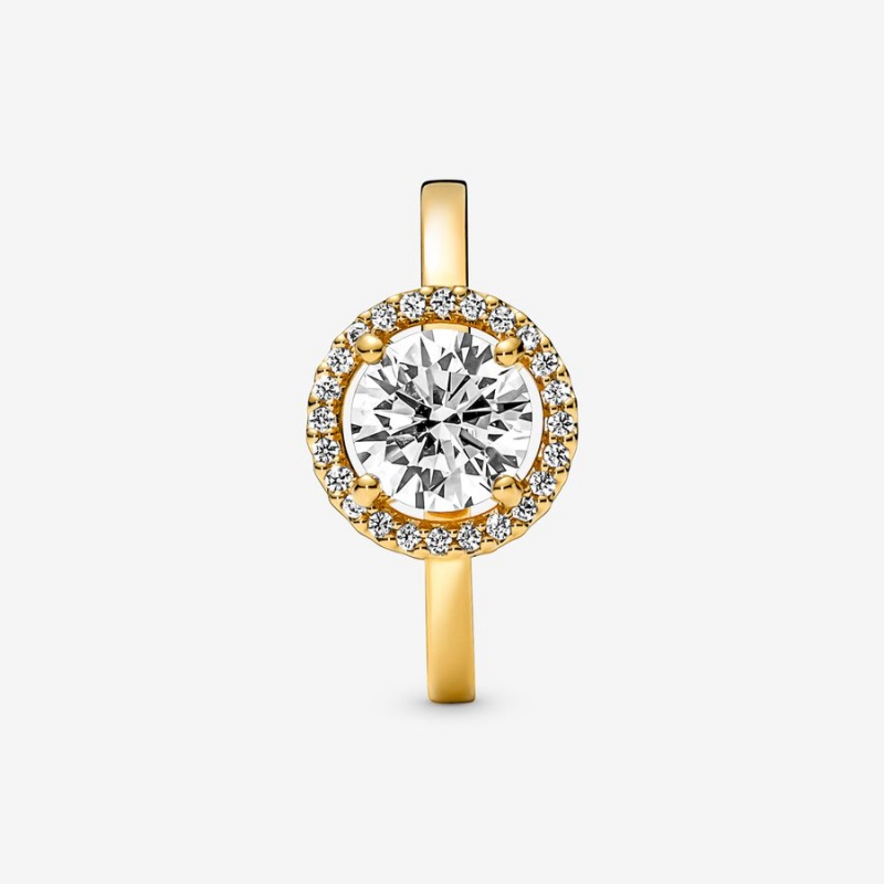 Gold Plated Pandora Sparkling Round Halo Halo & Solitaire Rings | 397-INHVXJ