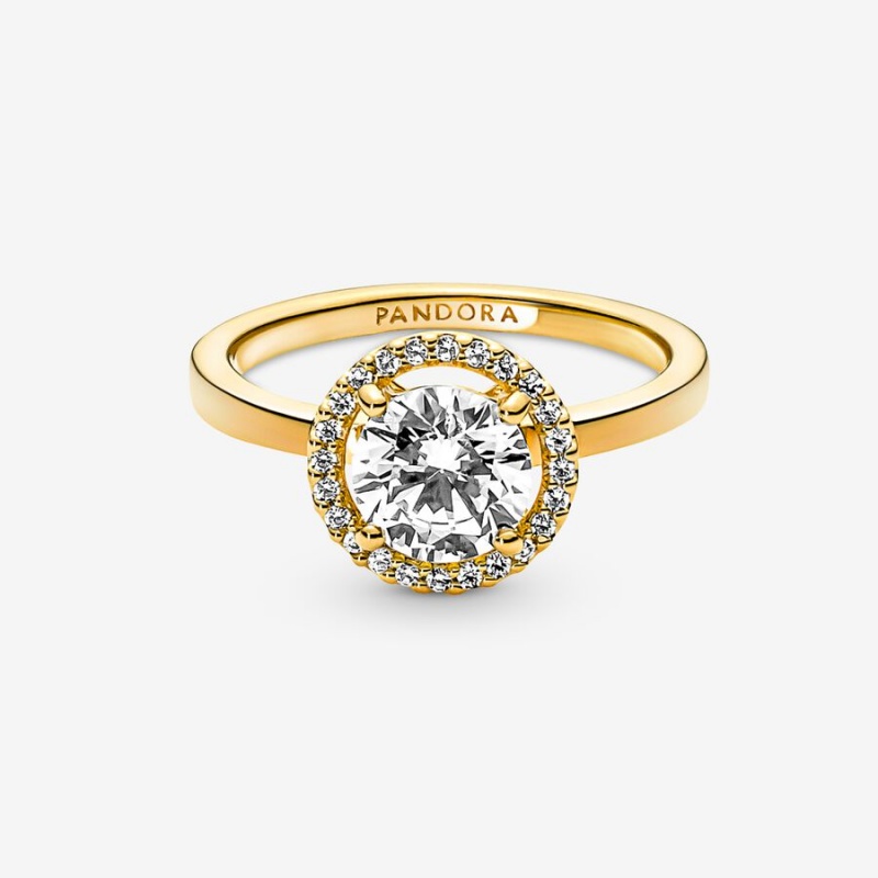 Gold Plated Pandora Sparkling Round Halo Halo & Solitaire Rings | 397-INHVXJ