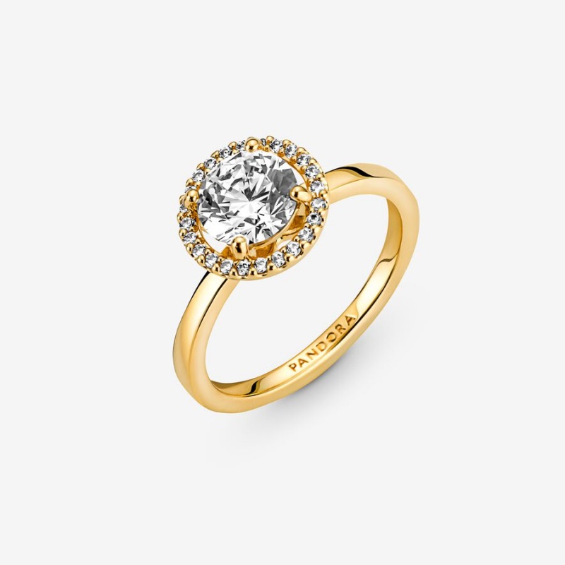 Gold Plated Pandora Sparkling Round Halo Halo & Solitaire Rings | 397-INHVXJ