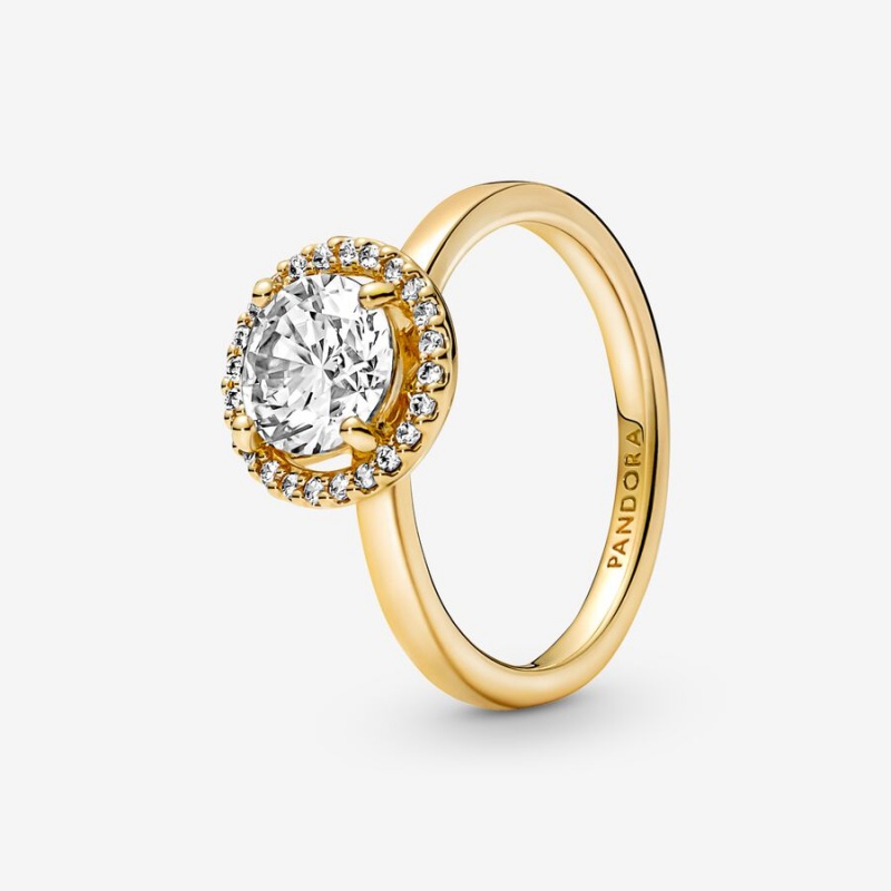 Gold Plated Pandora Sparkling Round Halo Halo & Solitaire Rings | 397-INHVXJ