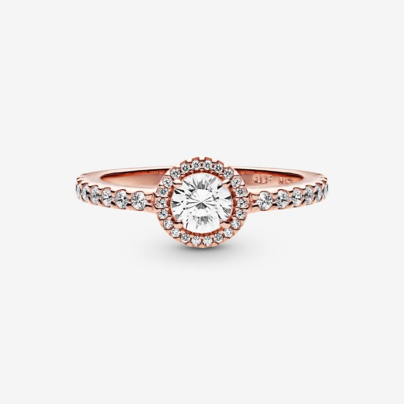 Rose Gold Plated Pandora Classic Sparkle Halo Halo & Solitaire Rings | 581-UXBSZA