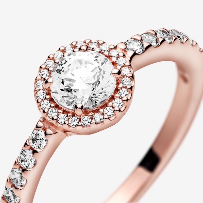 Rose Gold Plated Pandora Classic Sparkle Halo Halo & Solitaire Rings | 581-UXBSZA