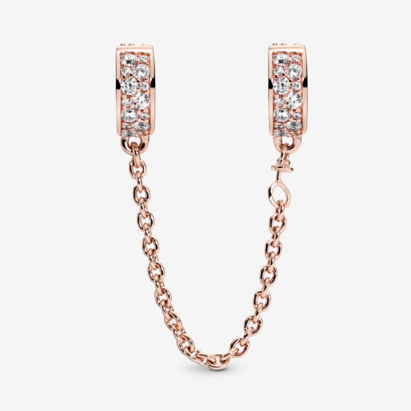 Rose Gold Plated Pandora Clear Pavé Safety Clip Safety Chains | 415-SJZXIQ