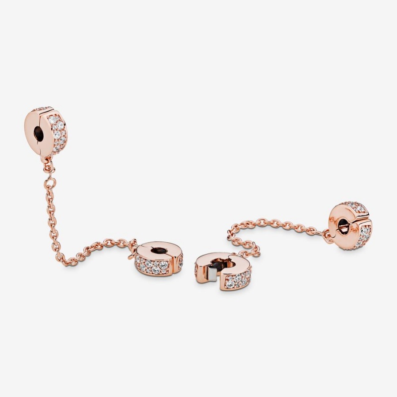 Rose Gold Plated Pandora Clear Pavé Safety Clip Safety Chains | 415-SJZXIQ