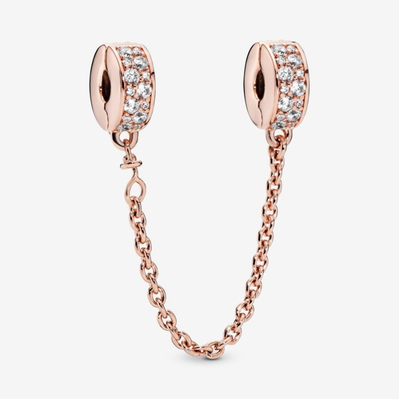 Rose Gold Plated Pandora Clear Pavé Safety Clip Safety Chains | 415-SJZXIQ