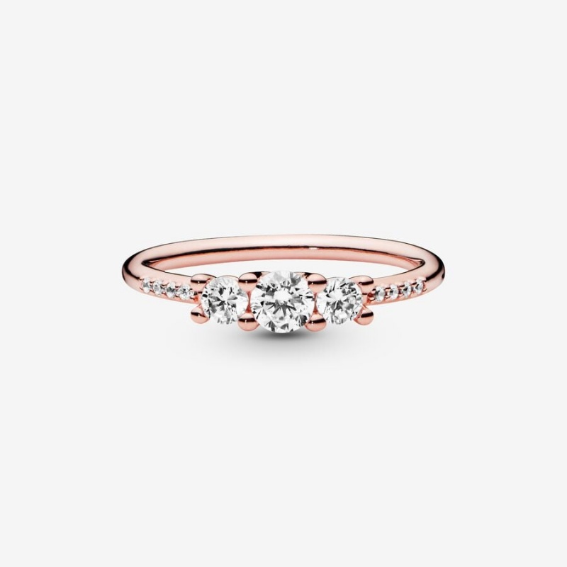 Rose Gold Plated Pandora Clear Three-Stone Heart & Promise Rings | 751-FPQCJU