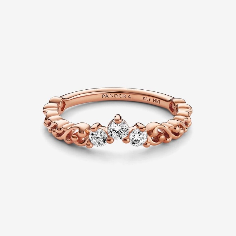 Rose Gold Plated Pandora Clear Three-Stone Heart & Promise Rings | 785-GKBNPJ