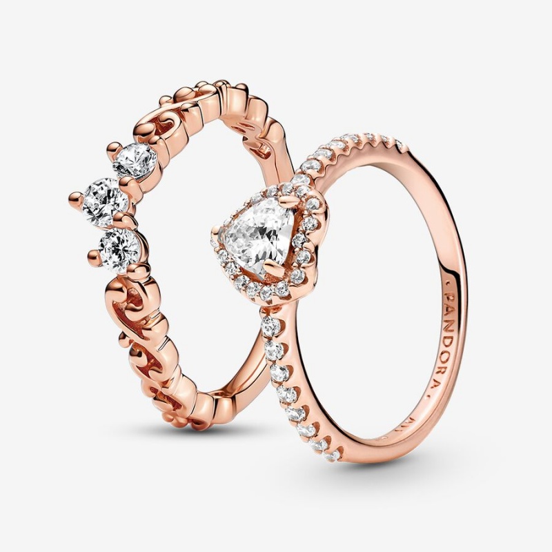 Rose Gold Plated Pandora Clear Three-Stone Heart & Promise Rings | 785-GKBNPJ