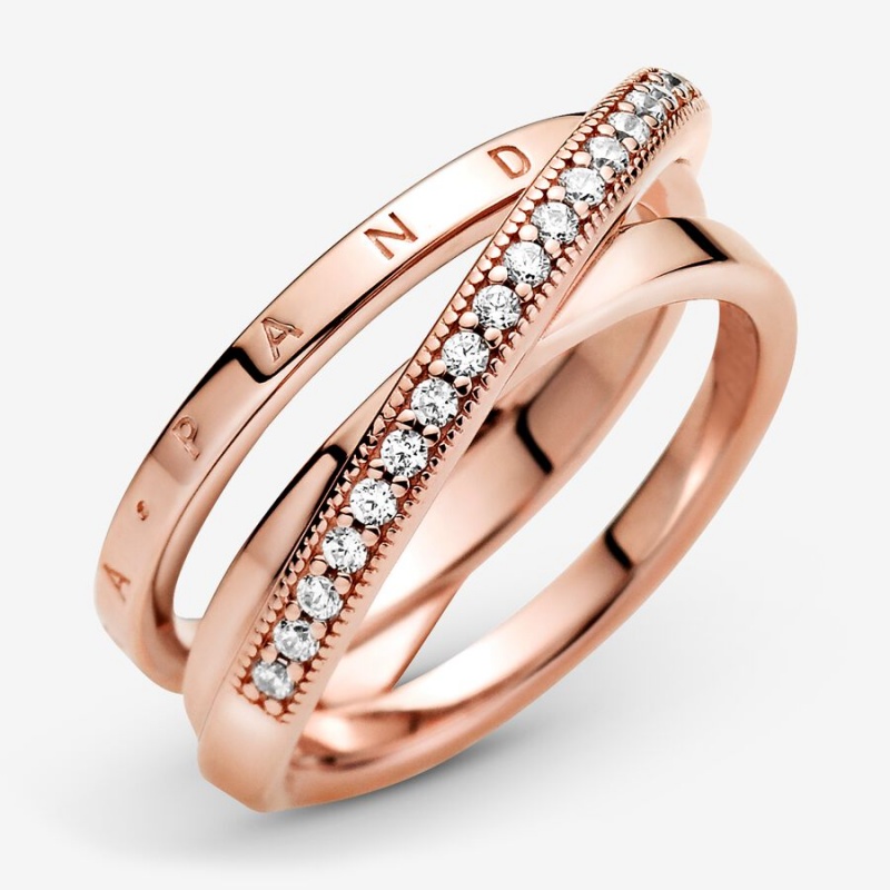 Rose Gold Plated Pandora Crossover Pavé Triple Band Rings | 402-UTMEAP