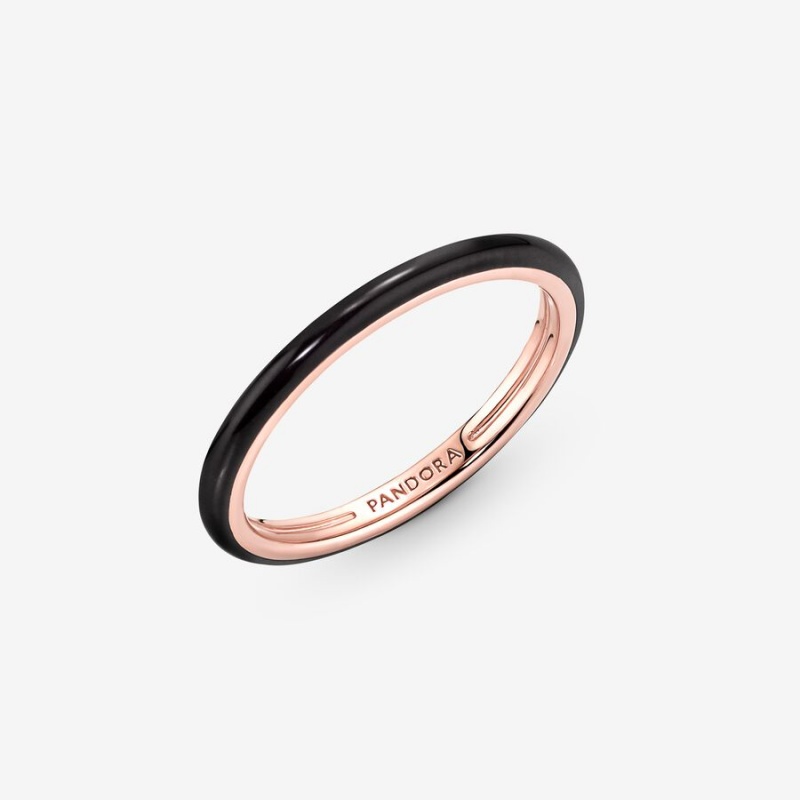 Rose Gold Plated Pandora ME Black Enamel Stackable Rings | 962-ZGKRMC