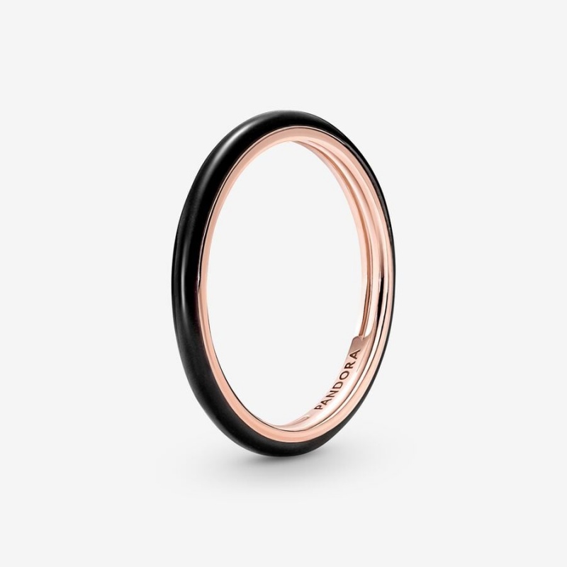 Rose Gold Plated Pandora ME Black Enamel Stackable Rings | 962-ZGKRMC