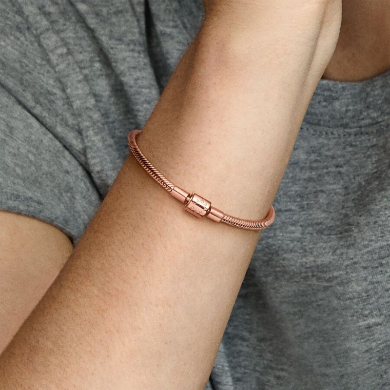 Rose Gold Plated Pandora Moments Barrel Clasp Snake Chain Bracelets | 836-EMVNUC