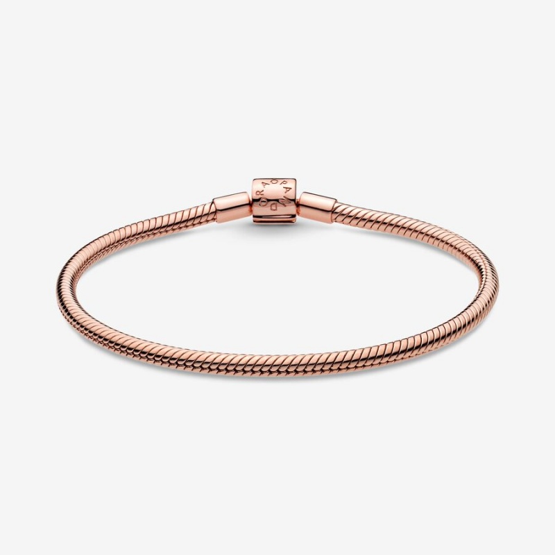 Rose Gold Plated Pandora Moments Barrel Clasp Snake Chain Bracelets | 836-EMVNUC