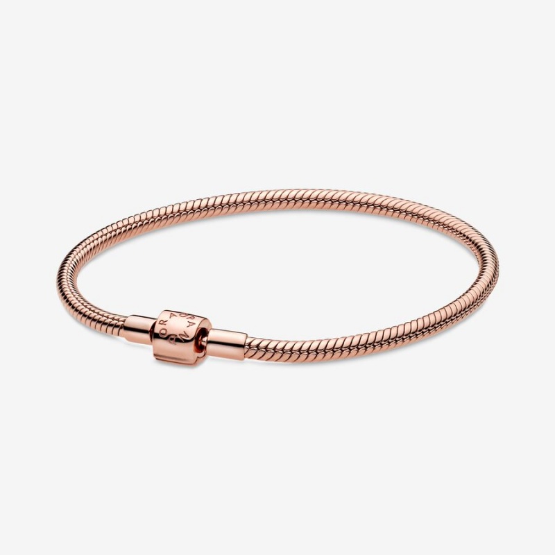 Rose Gold Plated Pandora Moments Barrel Clasp Snake Chain Bracelets | 836-EMVNUC