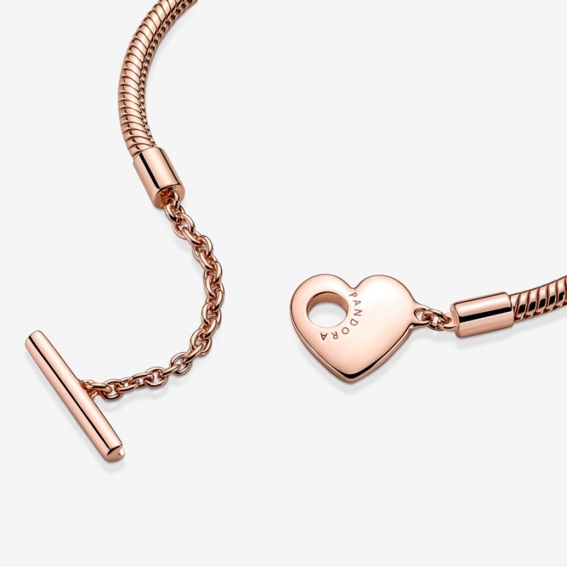 Rose Gold Plated Pandora Moments Heart T-Bar Snake Charm Holders | 854-TPVFDJ