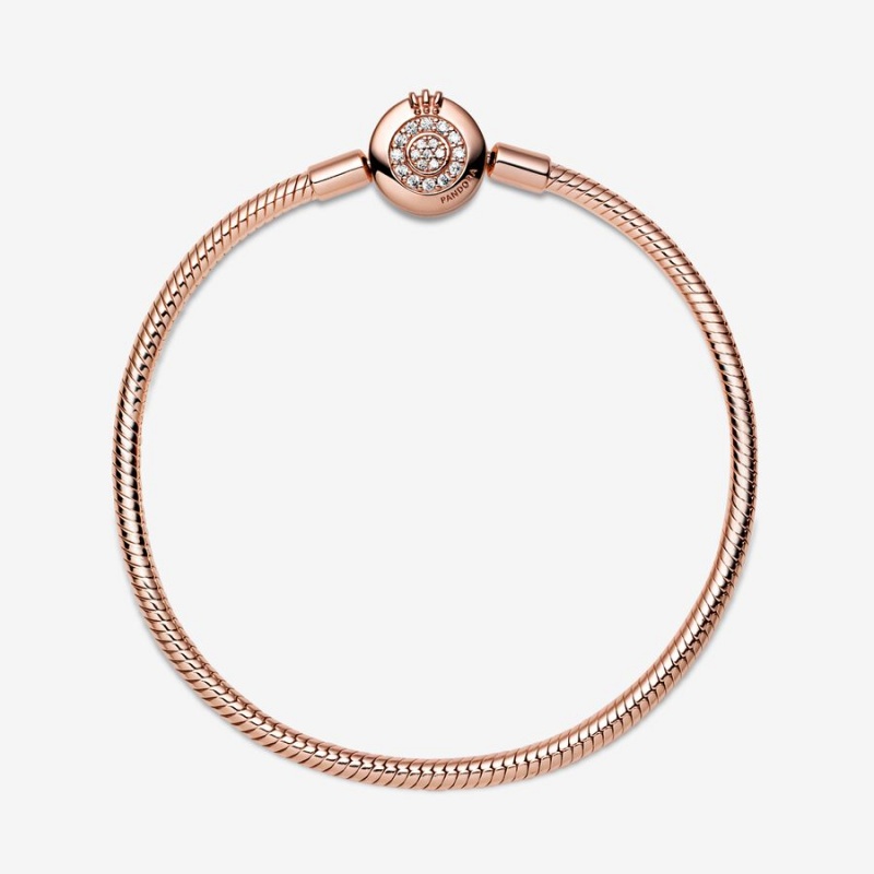 Rose Gold Plated Pandora Moments Sparkling Crown O Snake Chain Bracelets | 167-XJYTLR