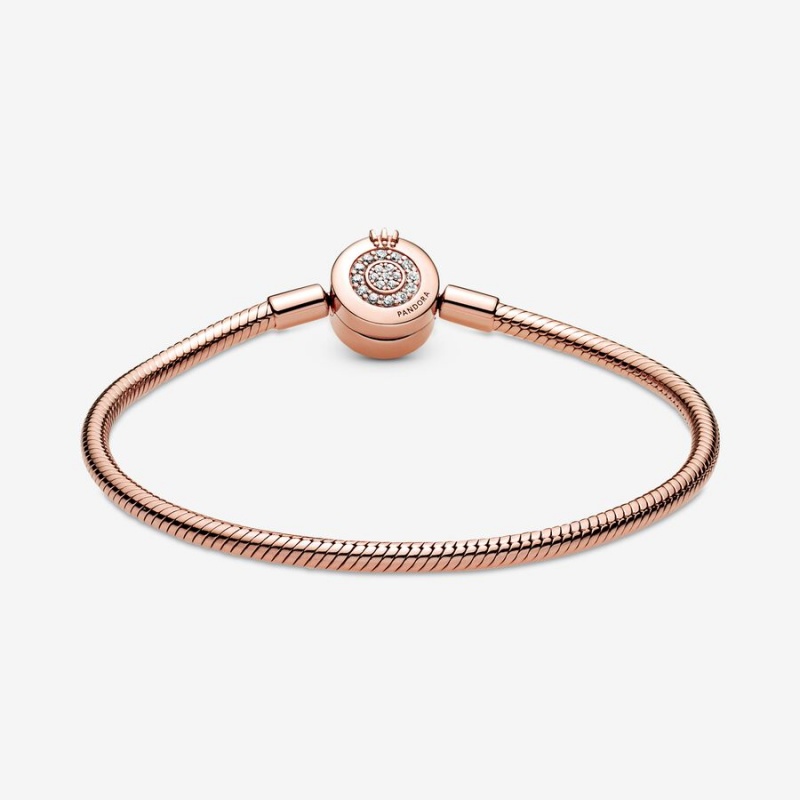 Rose Gold Plated Pandora Moments Sparkling Crown O Snake Chain Bracelets | 167-XJYTLR